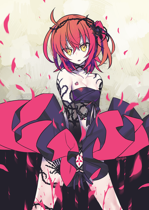 black_flower black_gloves black_rose black_skirt breasts choker cleavage collarbone cowboy_shot elbow_gloves eyebrows_visible_through_hair fate/grand_order fate_(series) flower fujimaru_ritsuka_(female) gloves gradient_hair grey_background hair_between_eyes hair_flower hair_ornament head_tilt looking_at_viewer midriff multicolored_hair negi_(ulog'be) orange_hair parted_lips petals plant pleated_skirt red_hair rose short_hair side_ponytail skirt skirt_lift sleeveless small_breasts solo standing strapless thigh_strap two-tone_hair vines yellow_eyes