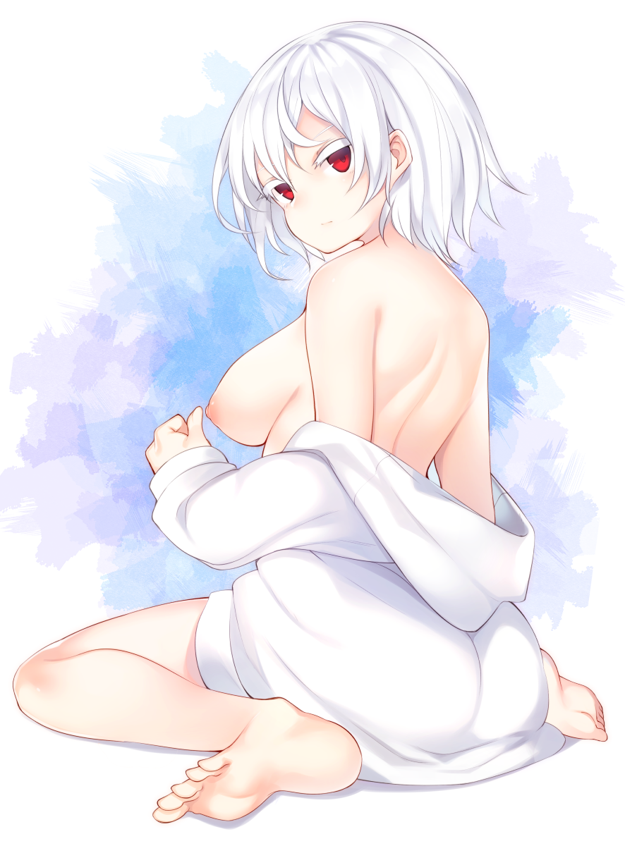 akira_(tsunekichi) ass bangs barefoot breasts closed_mouth colored_eyelashes commentary_request expressionless from_behind full_body highres long_sleeves looking_at_viewer looking_back medium_breasts nipples no_bra off_shoulder original shadow short_hair sitting solo sweater tsunekichi wariza white_hair white_sweater