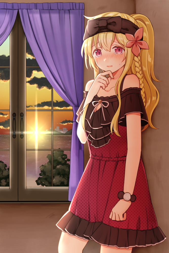 bangs bare_shoulders black_bow blonde_hair blush bow braid character_request closed_mouth cloud cloudy_sky collarbone curtains dress eyebrows_visible_through_hair flower hair_between_eyes hair_flower hair_ornament hand_on_own_chin hand_up horizon indoors inishie_no_megami_to_houseki_no_ite kurata_rine long_hair looking_at_viewer nose_blush ocean off-shoulder_dress off_shoulder official_art polka_dot polka_dot_dress red_dress red_eyes red_flower short_sleeves side_braid single_braid sky solo standing sunlight sunset sweat tears water window