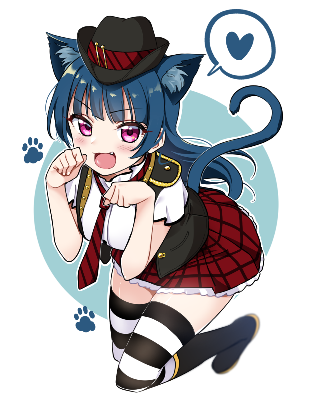 :d animal_ear_fluff animal_ears bangs black_footwear black_hat black_vest blue_background blue_hair blush boots breasts cat_ears cat_girl cat_tail deadnooodles diagonal-striped_neckwear diagonal_stripes eyebrows_visible_through_hair fang full_body hands_up hat heart highres kemonomimi_mode knee_boots long_hair looking_at_viewer love_live! love_live!_sunshine!! medium_breasts mini_hat necktie open_mouth outline paw_pose pleated_skirt purple_eyes red_neckwear red_skirt shirt skirt smile solo spoken_heart striped striped_legwear striped_neckwear tail thighhighs thighhighs_under_boots tsushima_yoshiko two-tone_background v-shaped_eyebrows very_long_hair vest white_background white_outline white_shirt