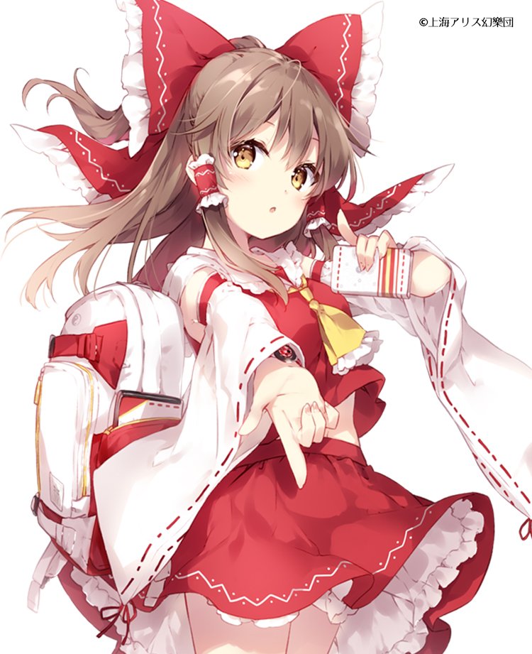 :o ascot backpack bag bangs bare_shoulders blush bow brown_hair commentary cowboy_shot detached_sleeves eyebrows_visible_through_hair finger_gun fingernails floating_hair frilled_bow frills hair_bow hair_tubes hakurei_reimu long_hair long_sleeves looking_at_viewer midriff_peek mochizuki_shiina nontraditional_miko outstretched_arm parted_lips red_bow red_skirt ribbon-trimmed_sleeves ribbon_trim sidelocks simple_background skirt skirt_set smartphone_case solo touhou watch watermark white_background wide_sleeves wristwatch yellow_eyes yellow_neckwear