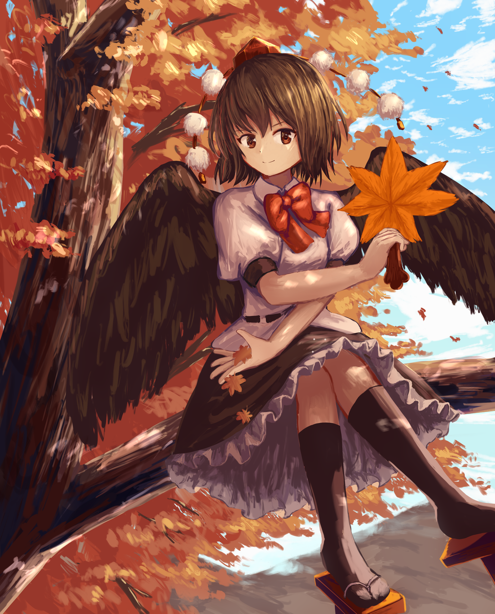 black_hair black_skirt black_wings commentary fan frilled_skirt frills geta hat highres holding in_tree leaf looking_at_viewer maple_leaf necktie ookashippo paper_fan pom_pom_(clothes) red_neckwear shameimaru_aya shirt short_hair short_sleeves sitting sitting_in_tree skirt smile solo tengu-geta thighhighs tokin_hat touhou tree uchiwa white_shirt wings