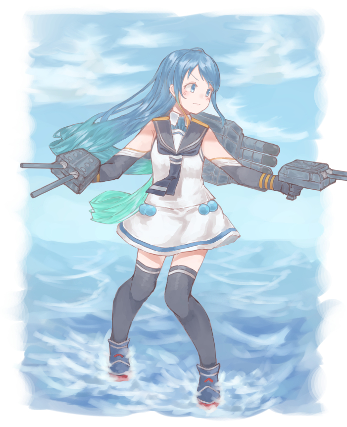 adapted_turret az_toride bangs black_legwear black_neckwear blue_eyes blue_hair blue_sky cannon cloud commentary_request day elbow_gloves full_body gloves gradient_hair kantai_collection long_hair multicolored_hair neckerchief outdoors outstretched_arms sailor_collar samidare_(kantai_collection) school_uniform serafuku shirt sky sleeveless sleeveless_shirt solo standing standing_on_liquid swept_bangs thighhighs turret very_long_hair