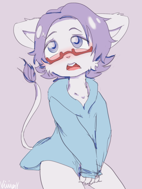 2014 ambiguous_gender anthro blue_eyes blush clothed clothing covering covering_crotch digital_drawing_(artwork) digital_media_(artwork) embarrassed eyewear feline front_view fur girly glasses hair lion mammal open_mouth paws purple_hair simple_background solo standing teeth yaoimeowmaster