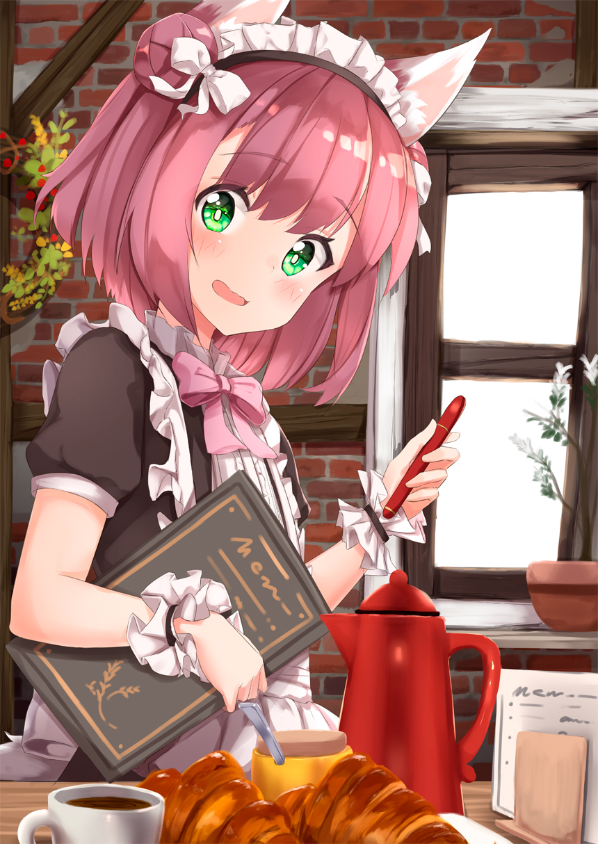 ame. animal_ear_fluff animal_ears apron azur_lane bangs blush bow bread brick_wall brown_dress cat_ears center_frills coffee commentary_request cup dress eyebrows_visible_through_hair food frills green_eyes hair_between_eyes hair_bow hair_bun head_tilt highres holding holding_pencil indoors maid_headdress mechanical_pencil menu open_mouth pencil pink_bow pink_hair plant potted_plant puffy_short_sleeves puffy_sleeves shiratsuyu_(azur_lane) short_sleeves side_bun solo teacup waitress white_apron white_bow window wrist_cuffs