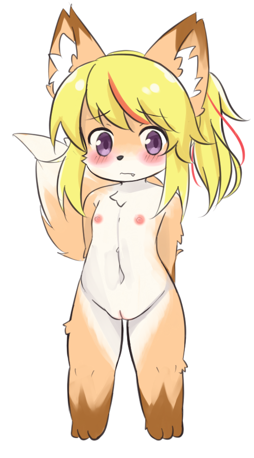 2018 alternate_version_at_source anthro biped blonde_hair blush breasts canine cub cute_fangs eigetsu embarrassed erect_nipples fangs female flat_chested fox fur hair highlights inner_ear_fluff kemono long_hair mammal multicolored_fur navel nipples nude purple_eyes pussy red_highlights simple_background small_breasts solo standing teeth white_background white_fur young