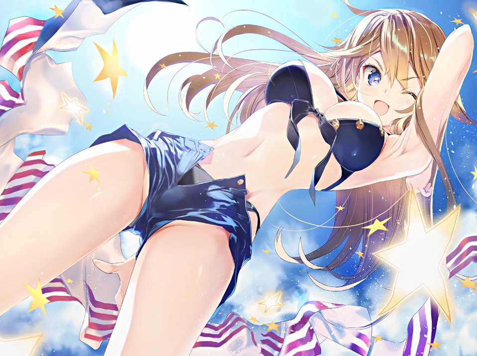 ;d arm_behind_back arm_up armpits bikini black_bikini blonde_hair blue_eyes blue_shorts blue_sky breasts cleavage day dutch_angle floating_hair from_below front-tie_bikini front-tie_top hair_between_eyes iowa_(kantai_collection) kantai_collection long_hair looking_at_viewer medium_breasts midriff nakamura_takeshi navel one_eye_closed open_clothes open_mouth open_shorts outdoors shiny shiny_hair short_shorts shorts sky smile solo star stomach swimsuit very_long_hair