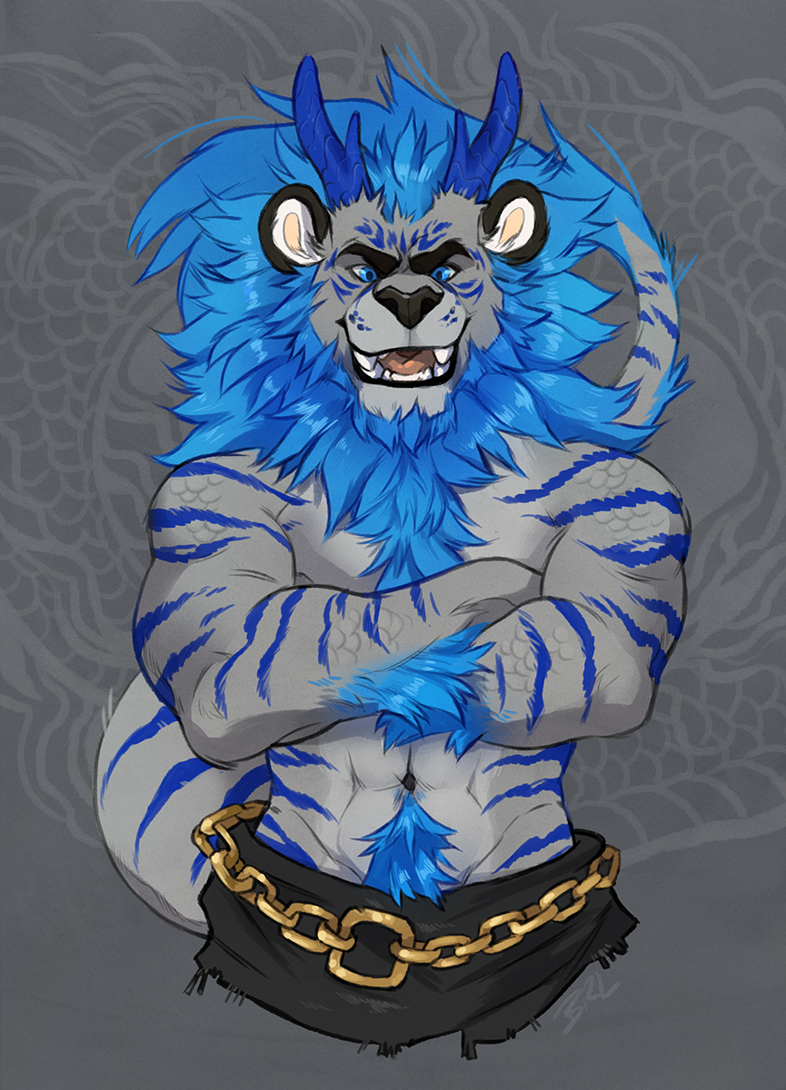 2018 abs anthro beard biceps bigroundlion blue_eyes blue_hair chain clothed clothing crossed_arms facial_hair feline hair horn hybrid lion looking_at_viewer male mammal muscular muscular_male navel solo tiger tigon topless
