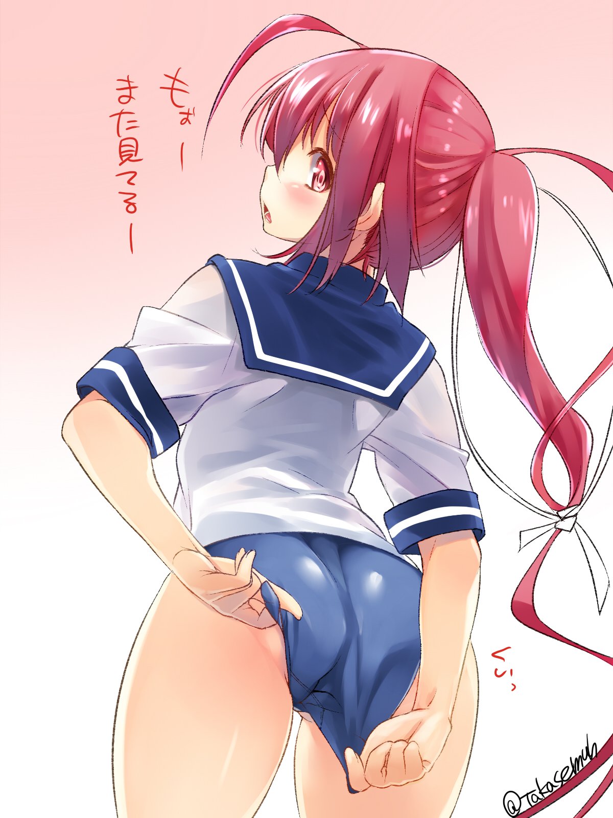 adjusting_clothes adjusting_swimsuit ass blue_sailor_collar blue_swimsuit commentary_request cowboy_shot from_behind gradient gradient_background hair_ribbon highres i-168_(kantai_collection) kantai_collection long_hair ponytail red_background red_eyes red_hair ribbon sailor_collar sailor_shirt school_swimsuit school_uniform serafuku shirt solo swimsuit swimsuit_under_clothes takase_muu translation_request