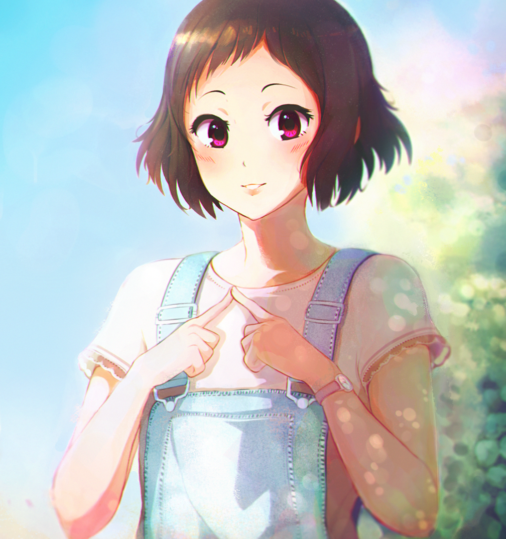 blue_sky blush brown_hair day fingers_together hanr10 hyouka ibara_mayaka looking_at_viewer outdoors overalls parted_lips red_eyes shirt short_hair short_sleeves sky solo suspenders upper_body white_shirt