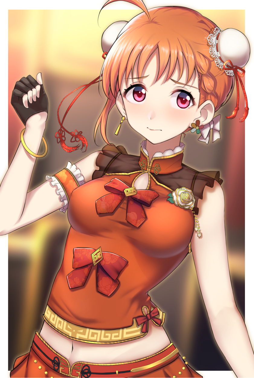 3: ahoge alternate_hairstyle badge bangs black_gloves blurry blurry_background bow bracelet braid breasts bun_cover button_badge chinese_clothes clenched_hand double_bun earrings embarrassed fingerless_gloves frown gloves hair_bow half_gloves hand_up highres jewelry love_live! love_live!_sunshine!! meandros medium_breasts navel orange_hair otsumami_(otsu-mugi) red_bow red_eyes red_shirt red_skirt shirt side_braid skirt solo takami_chika tassel upper_body white_bow