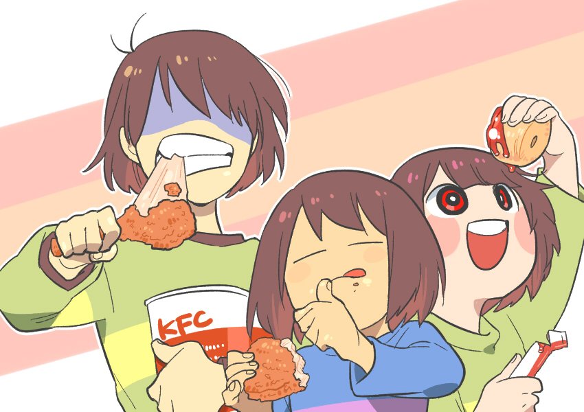 =_= androgynous blue_shirt bob_cut brown_hair bucket chara_(undertale) closed_eyes deltarune eating fried_chicken frisk_(undertale) green_shirt ketchup kfc kris_(deltarune) licking_lips multiple_others red_eyes shaded_face shirt short_hair striped striped_shirt tongue tongue_out ukiyo199 undertale