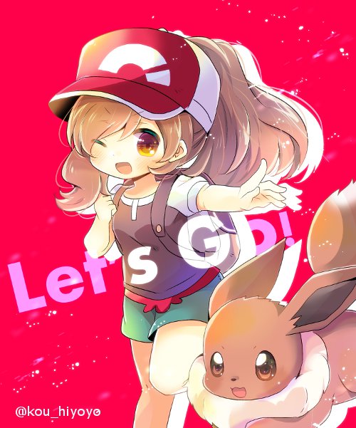 ;d ayumi_(pokemon) backpack bag bangs baseball_cap blush breasts brown_eyes brown_hair brown_shirt clenched_hand commentary_request eevee eyebrows_visible_through_hair gen_1_pokemon green_shorts hair_between_eyes hand_up hat head_tilt kouu_hiyoyo long_hair one_eye_closed open_mouth outstretched_arm pokemon pokemon_(creature) pokemon_(game) pokemon_lgpe ponytail puffy_short_sleeves puffy_sleeves red_background red_hat shirt short_shorts short_sleeves shorts small_breasts smile twitter_username