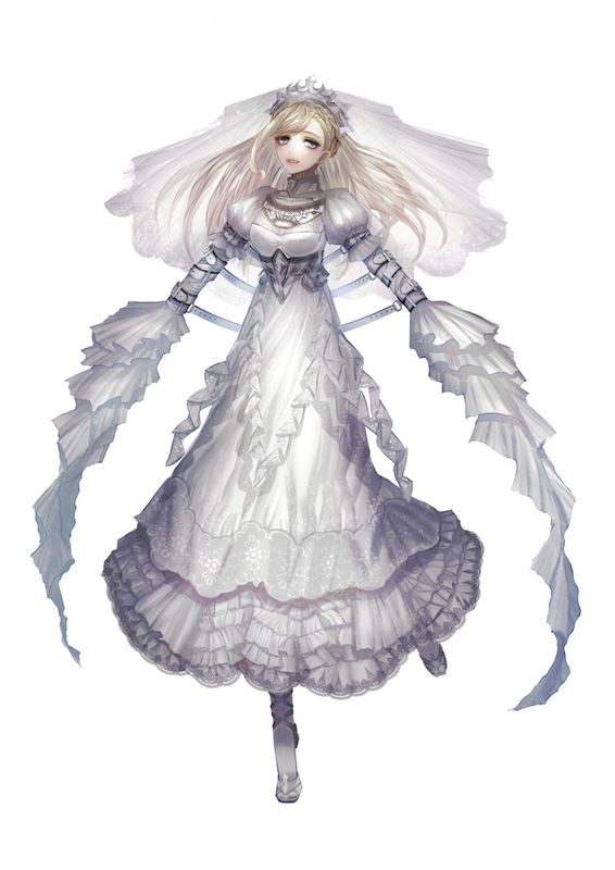 arm_belt blonde_hair breasts crown dress frilled_dress frills full_body green_eyes long_hair long_sleeves looking_at_viewer official_art original puffy_long_sleeves puffy_sleeves reishiza small_breasts standing under_power_motors very_long_sleeves white_background white_dress