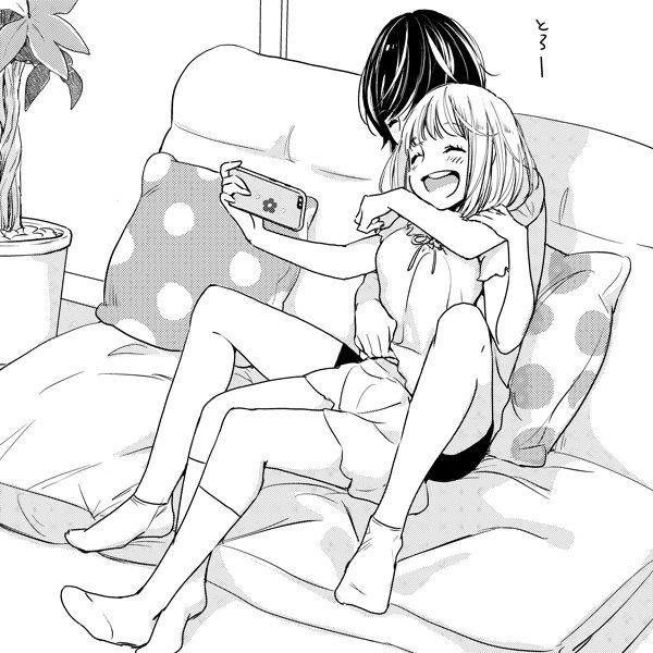 asagao_to_kase-san bangs blush casual cellphone closed_eyes commentary_request couch couple greyscale holding holding_cellphone holding_phone hug hug_from_behind kase_tomoka monochrome multiple_girls official_art open_mouth phone pillow plant polka_dot potted_plant self_shot short_hair short_shorts short_sleeves shorts sitting sitting_on_lap sitting_on_person socks takashima_hiromi yamada_yui yuri