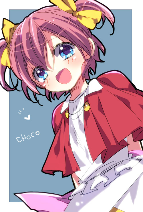 arc_the_lad blue_eyes blush bow choko_(arc_the_lad) commentary_request dress hair_ribbon happy izumi_kouyou open_mouth pink_hair ribbon shawl short_hair short_twintails skirt smile solo twintails yellow_bow