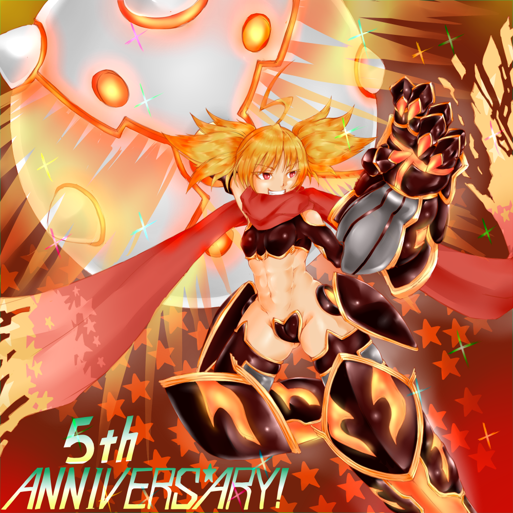 abs anniversary armor ass_visible_through_thighs black_legwear breasts clenched_hand crotch_plate dina_(sennen_sensou_aigis) facing_viewer fighting_stance gauntlets greaves holding holding_weapon mace navel orange_hair parted_lips red_background red_eyes red_ribbon ribbon sennen_sensou_aigis small_breasts smile solo star thighhighs twintails weapon yume_cma