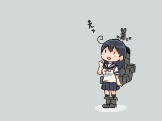 ahoge black_hair chibi comic kantai_collection long_hair open_mouth otoufu pleated_skirt rigging school_uniform serafuku short_sleeves skirt smile solo ushio_(kantai_collection)