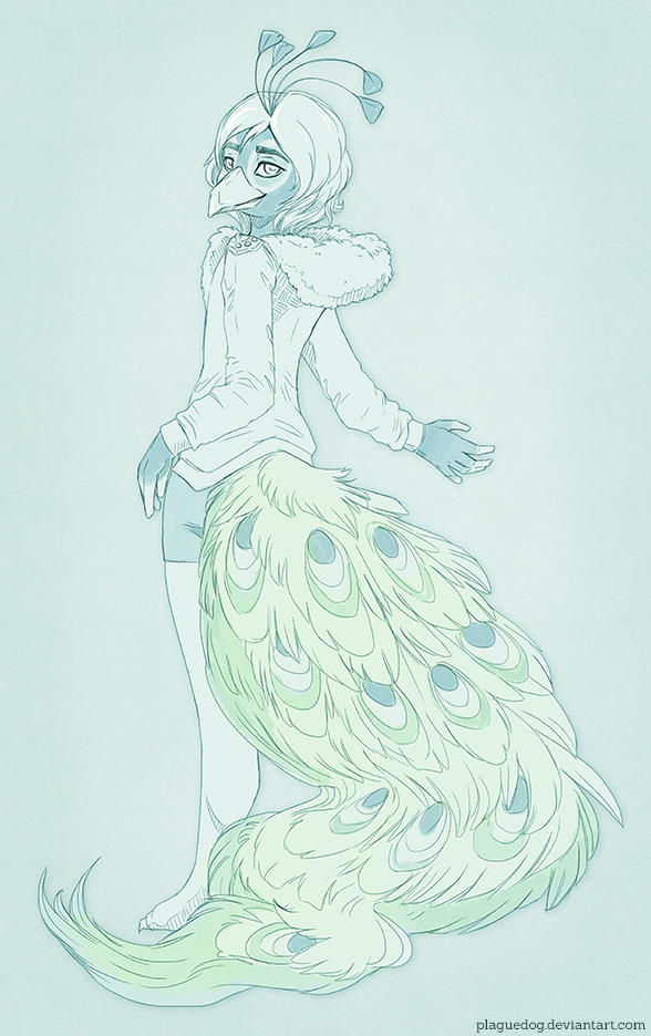 avian big_tail bird blue_feathers bottomless clothed clothing danny feathers fluffy fluffy_tail girly hair hood hoodie invalid_tag leggings legwear looking_at_viewer looking_away male peafowl plaguedog thigh_highs white_hair wide_hips