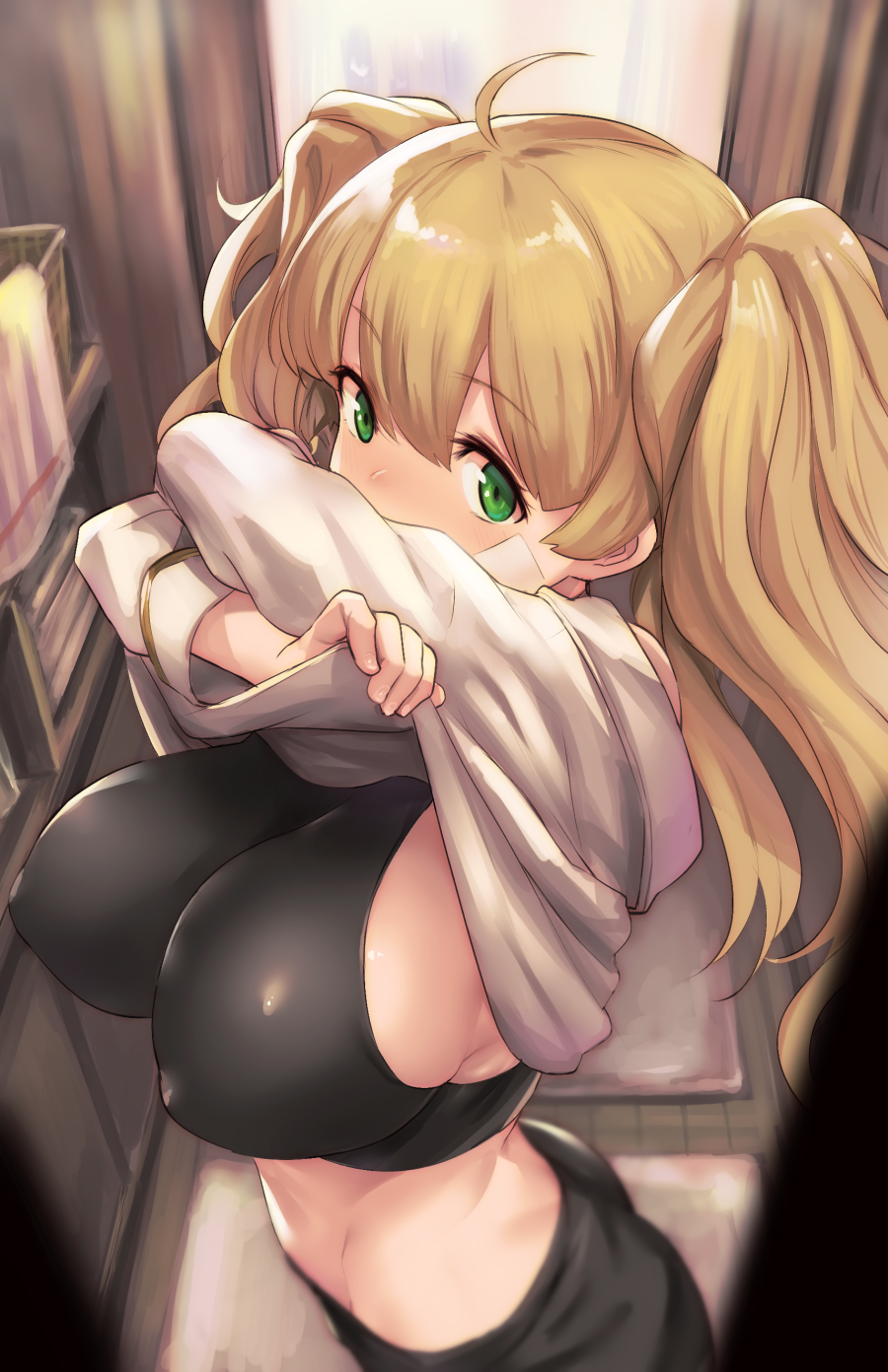 ahoge arms_up blonde_hair blurry breasts commentary_request crossed_arms depth_of_field eyebrows_visible_through_hair from_above from_side granblue_fantasy green_eyes highres impossible_clothes impossible_shirt indoors kztk large_breasts long_hair long_sleeves looking_at_viewer midriff monica_weisswind shirt shirt_lift solo twintails undressing