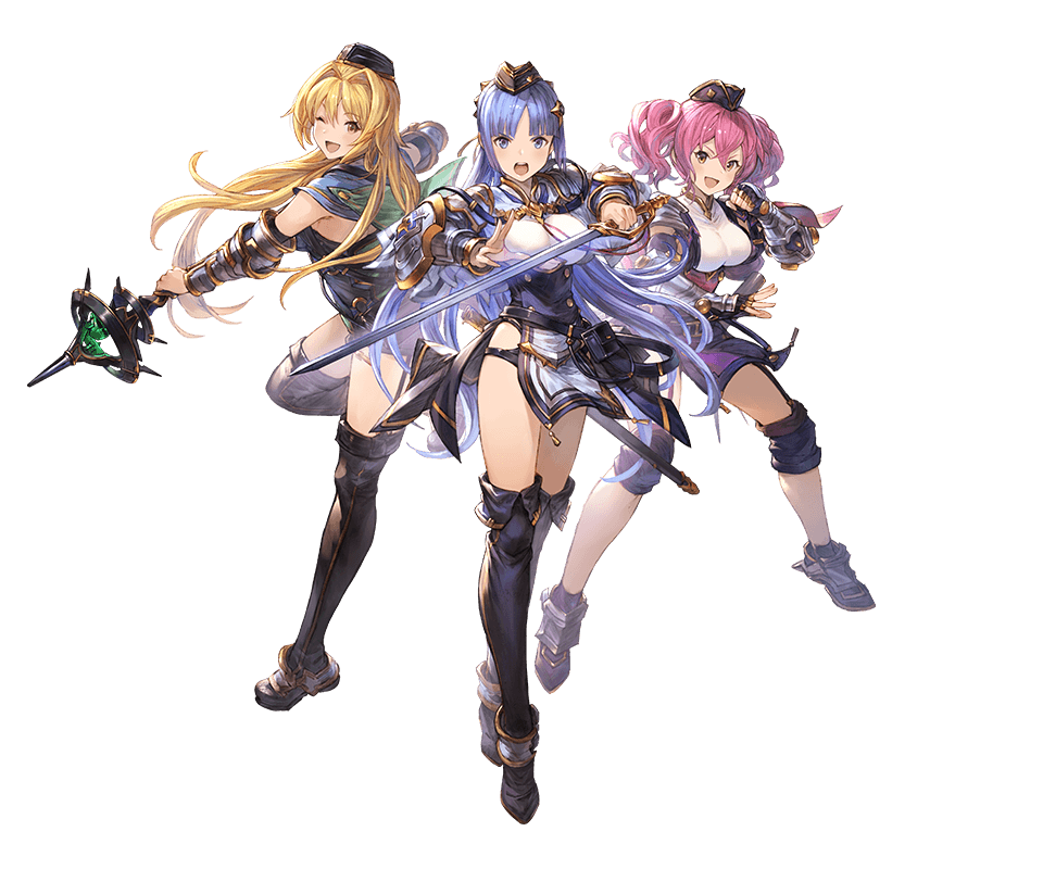 ;d armor bangs blonde_hair blue_eyes blue_hair breasts brown_eyes capelet clenched_hand eyebrows_visible_through_hair fighting_stance fingerless_gloves full_body gauntlets gloves granblue_fantasy hair_intakes hat holding holding_weapon knee_pads leg_up long_hair looking_at_viewer maimu_(shingeki_no_bahamut) medium_breasts meimu_(shingeki_no_bahamut) miimu minaba_hideo multiple_girls official_art one_eye_closed open_mouth pelvic_curtain shingeki_no_bahamut shiny shiny_hair smile staff thighhighs transparent_background twintails underwear vambraces weapon