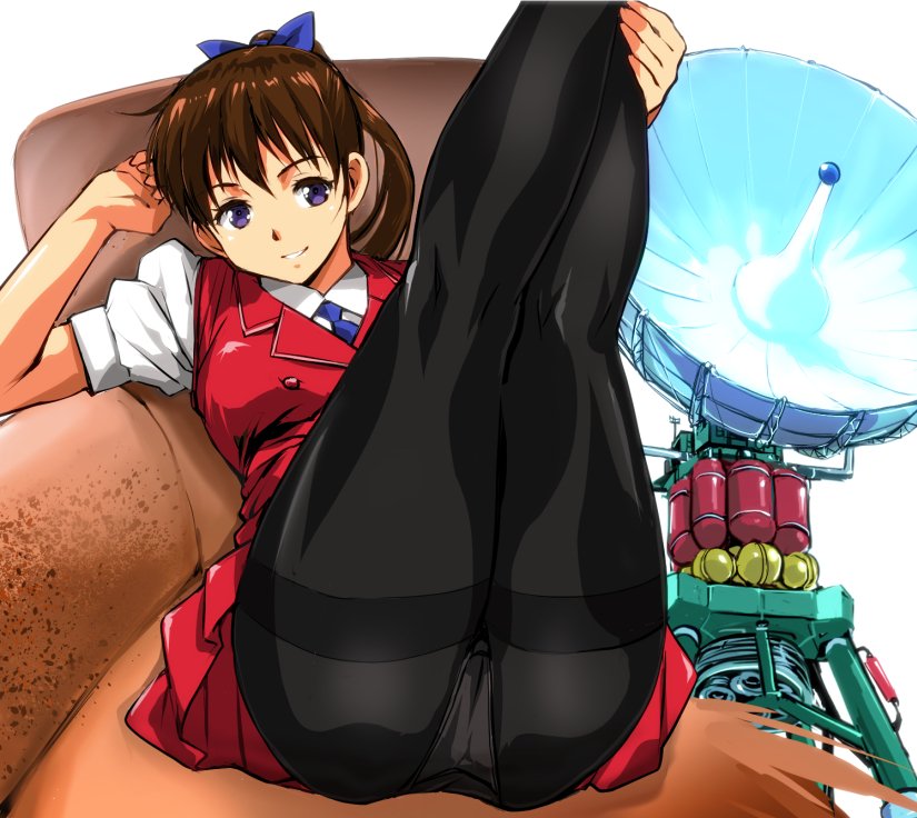 bangs black_legwear blue_neckwear blue_ribbon brown_hair commentary_request couch crotch_seam double-breasted eyebrows_visible_through_hair high_ponytail legs_together legs_up looking_at_viewer original panties panties_under_pantyhose pantyhose pleated_skirt ponytail presenting purple_eyes red_skirt red_vest ribbon satellite seductive_smile shirt short_sleeves sitting skirt smile thighband_pantyhose underwear uniform vest white_shirt yuya