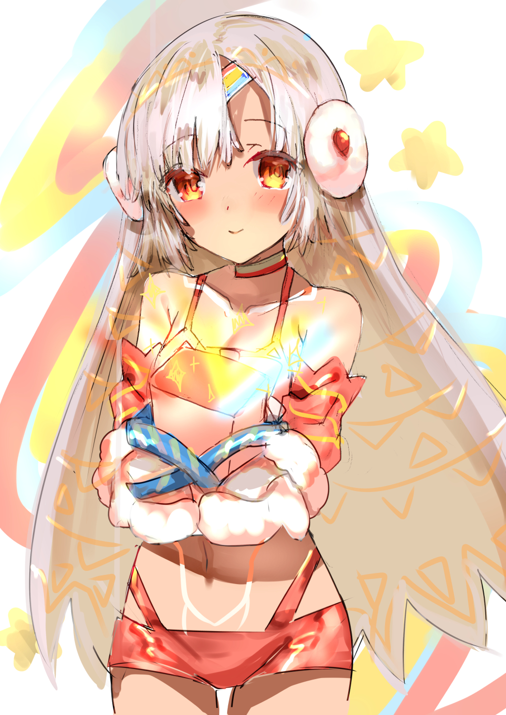 altera_(fate) altera_the_santa bangs bare_shoulders blush box breasts choker closed_mouth collarbone commentary_request detached_sleeves earmuffs eyebrows_visible_through_hair fate/grand_order fate_(series) full_body_tattoo gift gift_box gloves highres holding looking_at_viewer midriff nanadonai365 navel red_eyes revealing_clothes short_hair small_breasts solo tan tattoo veil white_gloves white_hair