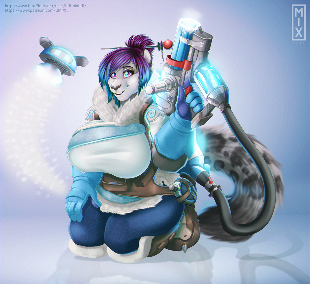big_breasts breasts clothed clothing cosplay feline female huge_breasts leopard llmixll mammal mei_(overwatch) misha overwatch snow_leopard solo video_games