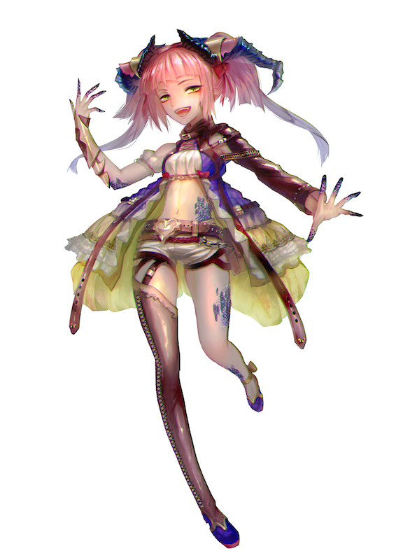 :d bangs belt belt_buckle blue_footwear breasts brown_legwear buckle fantasy horns leg_tattoo long_sleeves looking_at_viewer navel open_mouth pink_hair reishiza short_shorts shorts single_thighhigh small_breasts smile standing stomach_tattoo tattoo thighhighs twintails under_power_motors white_background yellow_eyes