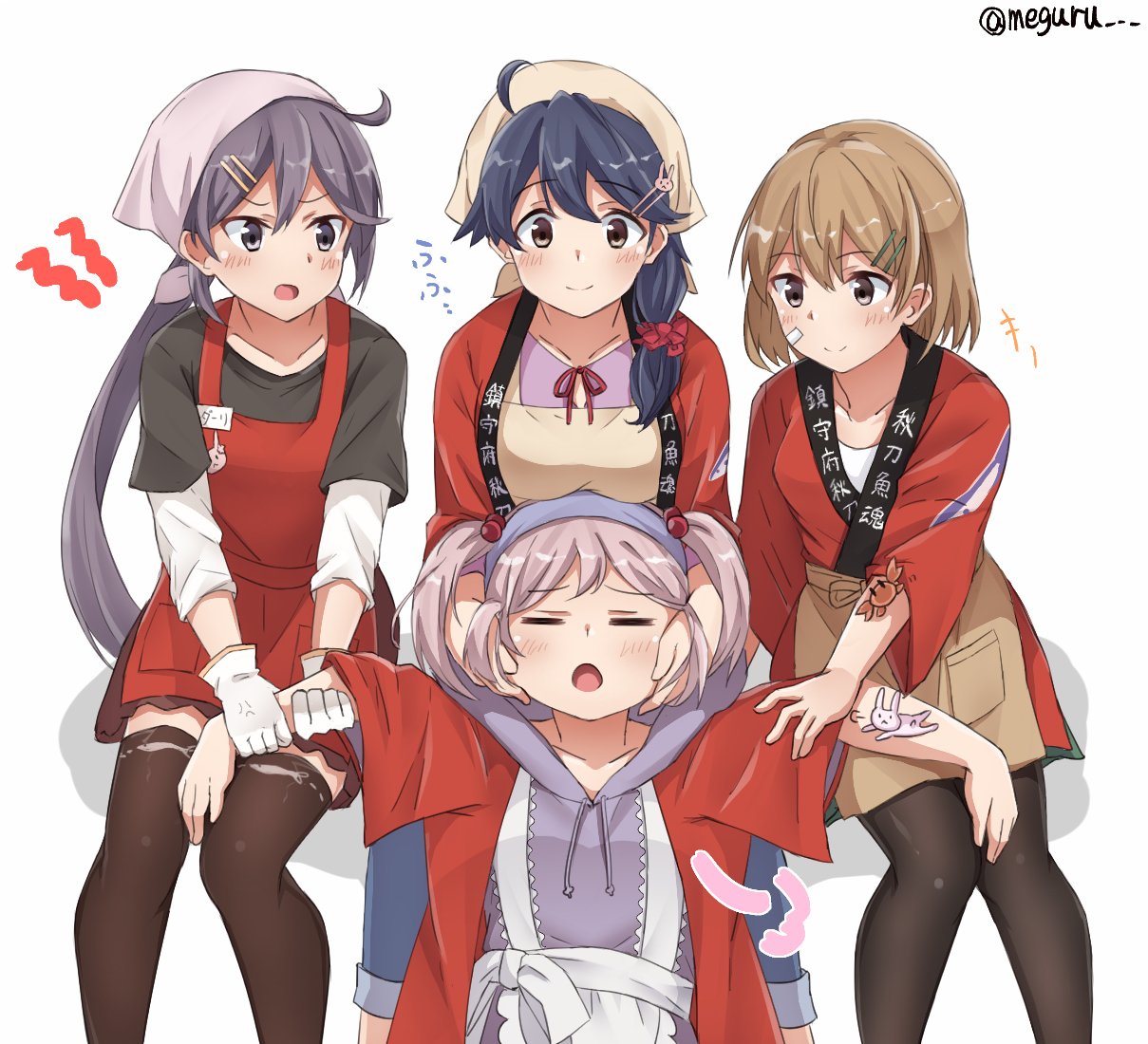 =_= ahoge akebono_(kantai_collection) alternate_costume anger_vein apron bandaid bandaid_on_face black_legwear black_shirt braid brown_eyes brown_skirt bunny closed_eyes closed_mouth clothes_writing commentary_request crab denim gloves hair_between_eyes hair_bobbles hair_ornament hair_over_shoulder hairband hairclip happi head_scarf holding holding_another's_arm hood hoodie jacket japanese_clothes jeans kantai_collection light_brown_hair long_sleeves meguru_(megurunn) multiple_girls oboro_(kantai_collection) open_mouth pants pantyhose pink_hair pink_shirt ponytail purple_eyes purple_hairband purple_jacket red_ribbon ribbon sazanami_(kantai_collection) shirt short_hair simple_background single_braid skirt thighhighs twintails twitter_username ushio_(kantai_collection) white_background white_gloves white_shirt