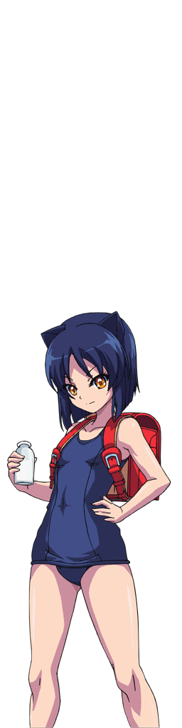 1girl akaga_hirotaka animal_ears animated animated_gif aq_interactive arcana_heart ass blue_hair breasts curvy daidouji_kira drinking female happy huge_ass looking_at_viewer milk one-piece_swimsuit school_swimsuit shiny shiny_skin short_hair small_breasts smile solo swimsuit thighs yellow_eyes