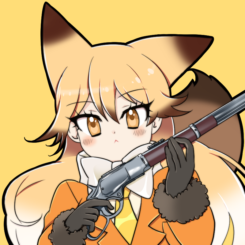 animal_ears black_gloves blonde_hair bow bowtie brown_hair commentary_request extra_ears eyebrows_visible_through_hair ezo_red_fox_(kemono_friends) fox_ears fox_tail fur-trimmed_sleeves fur_trim gloves gradient_hair gun hair_between_eyes ieneko jacket kemono_friends long_hair long_sleeves looking_at_viewer multicolored_hair necktie orange_jacket rifle simple_background solo tail upper_body weapon white_neckwear yellow_background yellow_eyes yellow_neckwear
