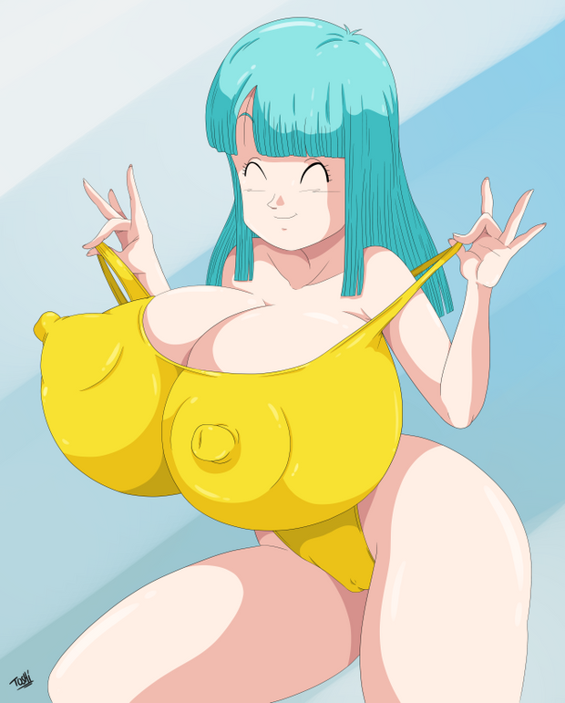 1girl bare_shoulders blue_hair breasts curvy dragon_ball dragonball_z erect_nipples female happy huge_breasts long_hair maron_(dragon_ball) nipples one-piece_swimsuit shiny shiny_skin solo swimsuit toshiso_(artist)