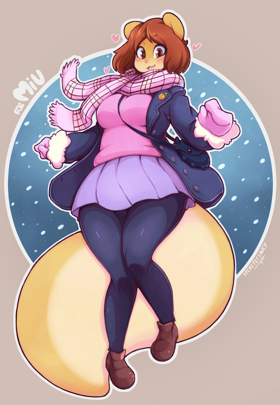 &lt;3 2018 anthro big_tail blush breasts brown_eyes brown_hair clothed clothing english_text female fluffy fluffy_tail footwear front_view fully_clothed fur hair huge_tail jacket leggings legwear mammal mittens multicolored_fur open_mouth open_smile outline peaches_(miu) pink_clothing pink_nose purse rodent scarf secretly_saucy shoes short_hair signature skirt smile solo squirrel sweater tan_fur text two_tone_fur wide_hips