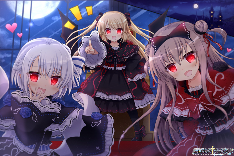 3girls black_bow black_dress black_footwear bow brown_hair castle commentary_request double_bun dress fang fantasy frilled_dress frills full_moon hair_bow hair_bun hand_up heart heroic_songs! looking_at_viewer moon multiple_girls night night_sky official_art outdoors pointing pointing_at_viewer red_eyes sky standing tougo vampire watermark white_bow white_hair wide_sleeves wings