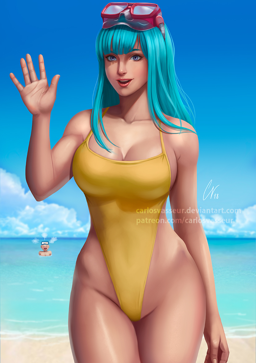 1boy 1girl artist_name artist_request bald bare_arms blue_hair blush breasts cleavage curvy dragon_ball dragonball_z female happy hetero highres hips kuririn large_breasts long_hair looking_at_viewer maron_(dragon_ball) navel nipple_slip nipples ocean one-piece_swimsuit open_mouth outdoors purple_eyes salute sky smile solo_focus swimming swimsuit teeth thick_thighs thighs wide_hips yellow_swimsuit