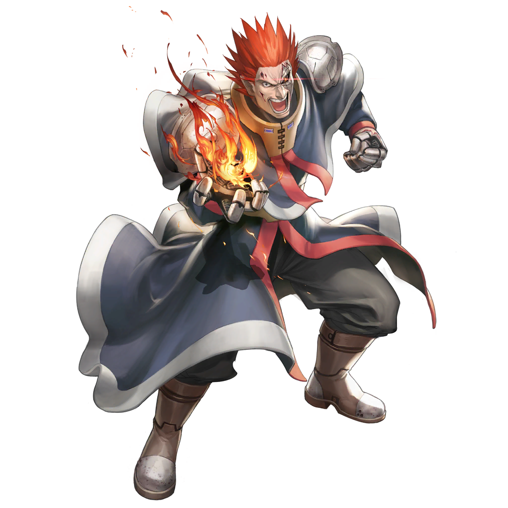 boots capelet fire glowing glowing_eyes injury male_focus mechanical_arm michael_(star_ocean_2) official_art red_eyes red_hair scar solo star_ocean star_ocean_anamnesis star_ocean_the_second_story transparent_background