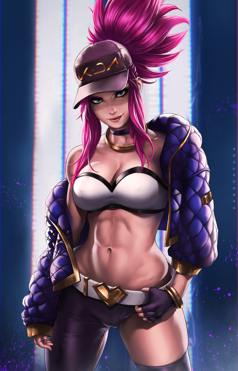 akali artist_name asymmetrical_clothes asymmetrical_legwear bandeau baseball_cap belt blue_eyes breasts choker cleavage closed_mouth cropped_jacket dandon_fuga fingerless_gloves gloves hat highres idol jacket jewelry k/da_(league_of_legends) k/da_akali large_breasts league_of_legends legs_apart lips looking_at_viewer makeup midriff nail_polish navel necklace off_shoulder open_clothes open_jacket ponytail purple_hair sidelocks single_pantsleg single_thighhigh solo strapless thighhighs toned