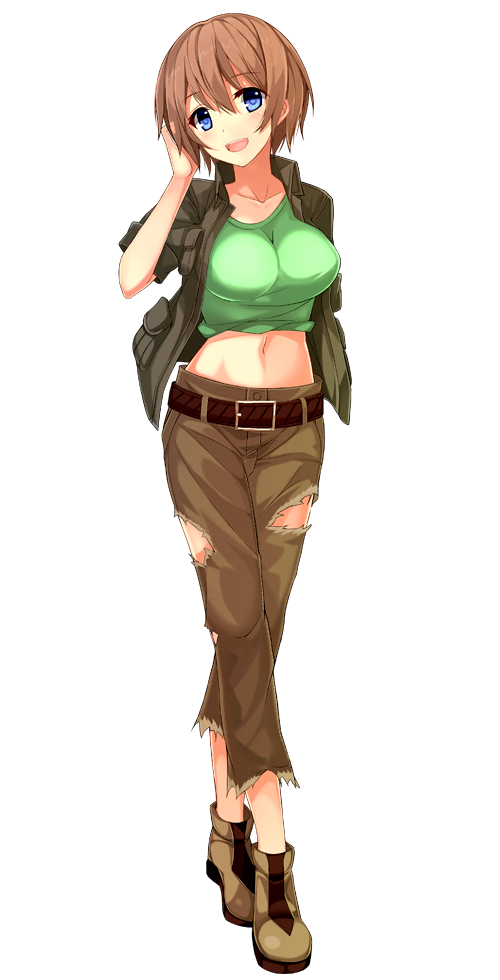 :d belt blue_eyes breasts brown_footwear brown_jacket brown_pants full_body green_shirt hand_up jacket jessie_garland large_breasts looking_at_viewer midriff navel official_art open_mouth pants patriarch_xtasy shirt short_hair smile solo standing torn_clothes torn_pants transparent_background
