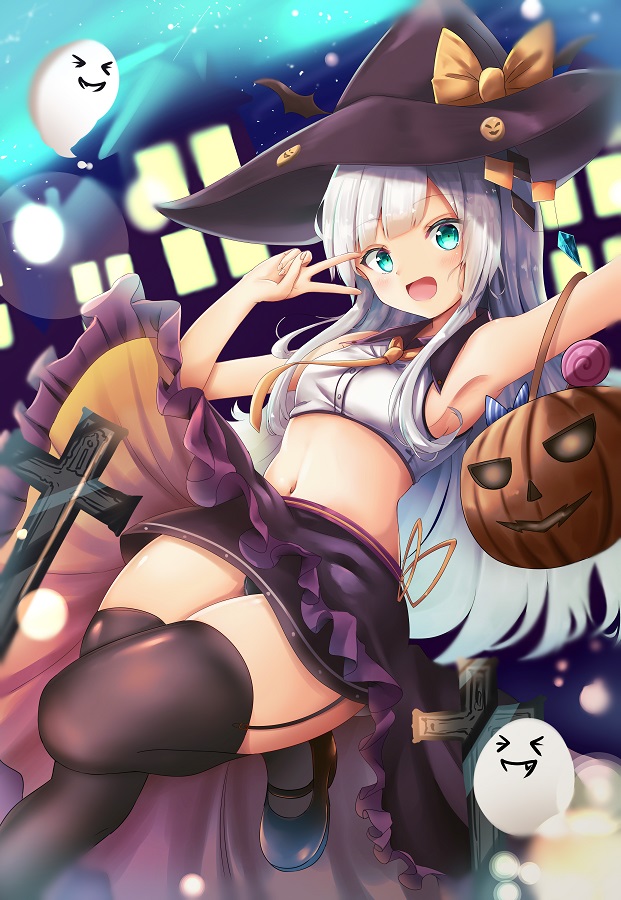 :d aqua_eyes armpits bare_shoulders basket black_footwear black_legwear black_panties blurry blurry_background bow candy commentary_request cross eyebrows food ghost halloween hat hat_bow jack-o'-lantern lens_flare light_particles lollipop long_hair looking_at_viewer midriff navel open_mouth orange_bow original panties pantyshot pumpkin purple_skirt renka_(cloudsaikou) silver_hair skirt smile thigh_strap thighhighs thighs underwear v very_long_hair winged_hat witch_hat