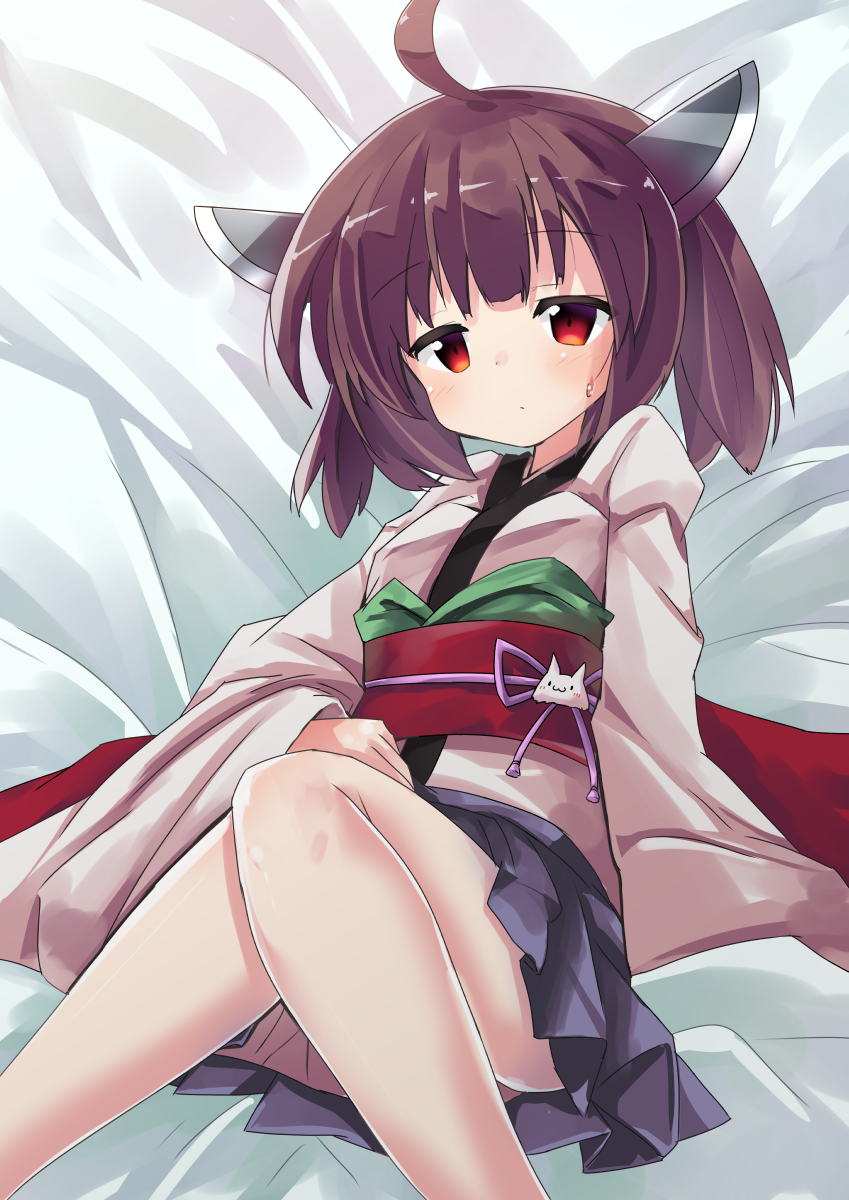 ahoge bangs bed_sheet blush brown_hair closed_mouth commentary eyebrows_visible_through_hair headgear highres japanese_clothes kimono knees_up long_sleeves looking_at_viewer lying obi on_back pleated_skirt purple_skirt red_eyes ryogo sash short_kimono skirt solo sweat touhoku_kiritan voiceroid white_kimono wide_sleeves