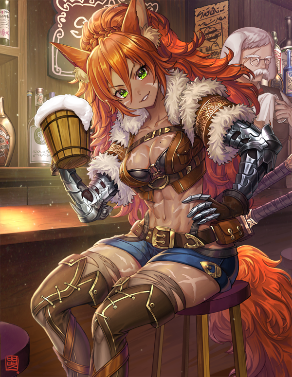 1girl abs alcohol animal_ears bar beer beer_mug belt belt_pouch blush boots bottle box_(hotpppink) breasts cleavage dark_skin facial_hair gauntlets glasses green_eyes grin hand_on_hip long_hair looking_at_viewer mole mole_on_breast mole_under_mouth mustache navel orange_hair original pouch scar shorts sitting smile stool tail thigh_boots thighhighs very_long_hair white_hair
