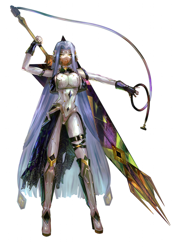 armor black_gloves blue_cape blue_hair breasts cape covered_mouth fantasy fingerless_gloves gem gloves greaves headband holding holding_weapon leg_belt long_hair looking_at_viewer medium_breasts reishiza standing sword under_power_motors veil very_long_hair weapon whip white_background yellow_eyes