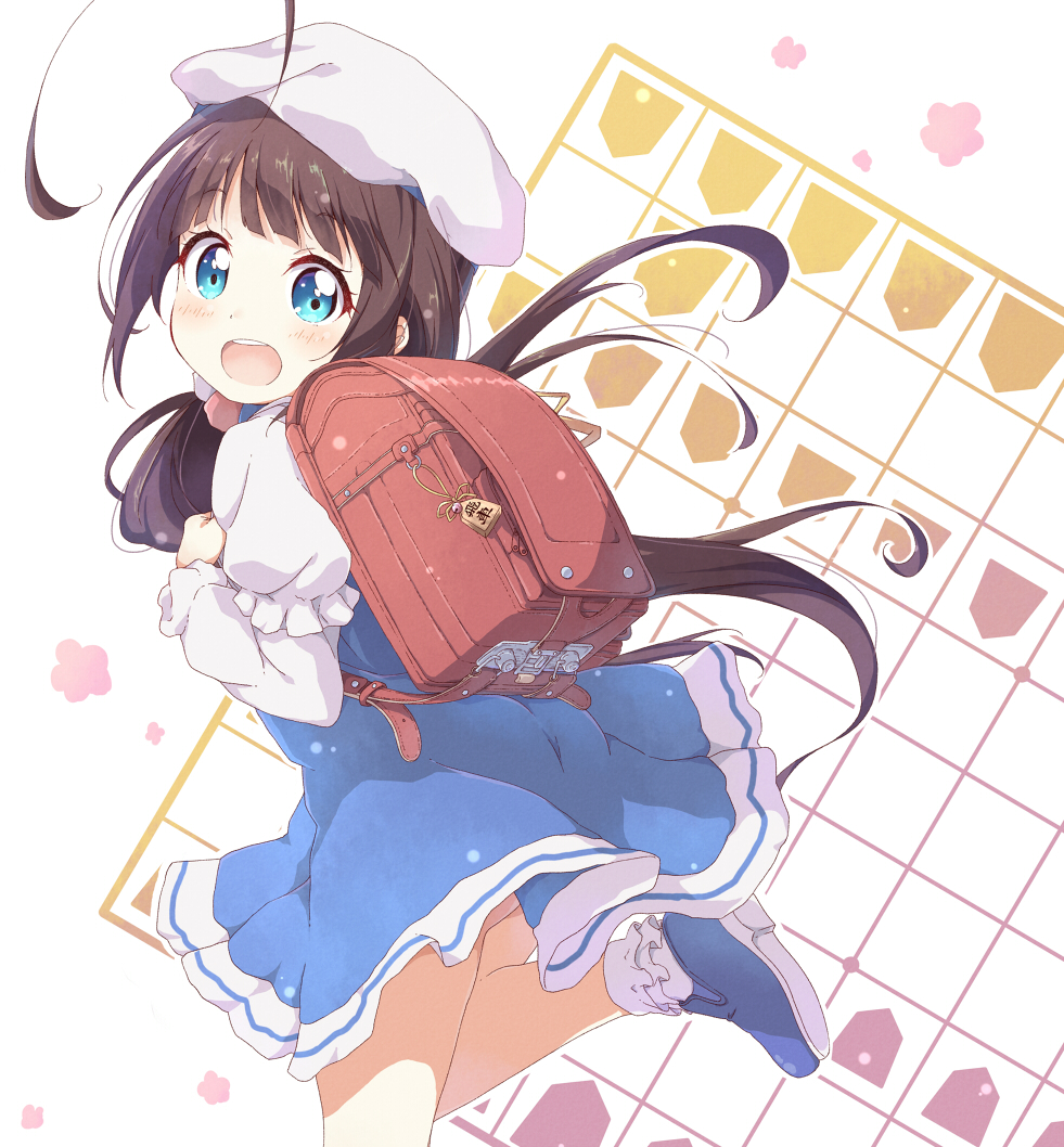 :d ass backpack bag beret blue_dress blue_eyes blue_footwear blush board_game bobby_socks brown_hair commentary dress hat hinatsuru_ai long_hair long_sleeves looking_at_viewer looking_to_the_side low_twintails open_mouth puffy_short_sleeves puffy_sleeves randoseru ryuuou_no_oshigoto! school_uniform shoes short_over_long_sleeves short_sleeves shougi smile socks solo standing standing_on_one_leg toma_(shinozaki) twintails upper_teeth very_long_hair white_hat white_legwear