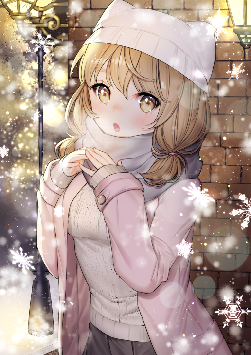 :o blush brown_eyes brown_hair hands_up hat lamppost looking_at_viewer medium_hair original outdoors pink_coat scarf shichimi snowflakes snowing solo standing sweater visible_air white_hat white_scarf
