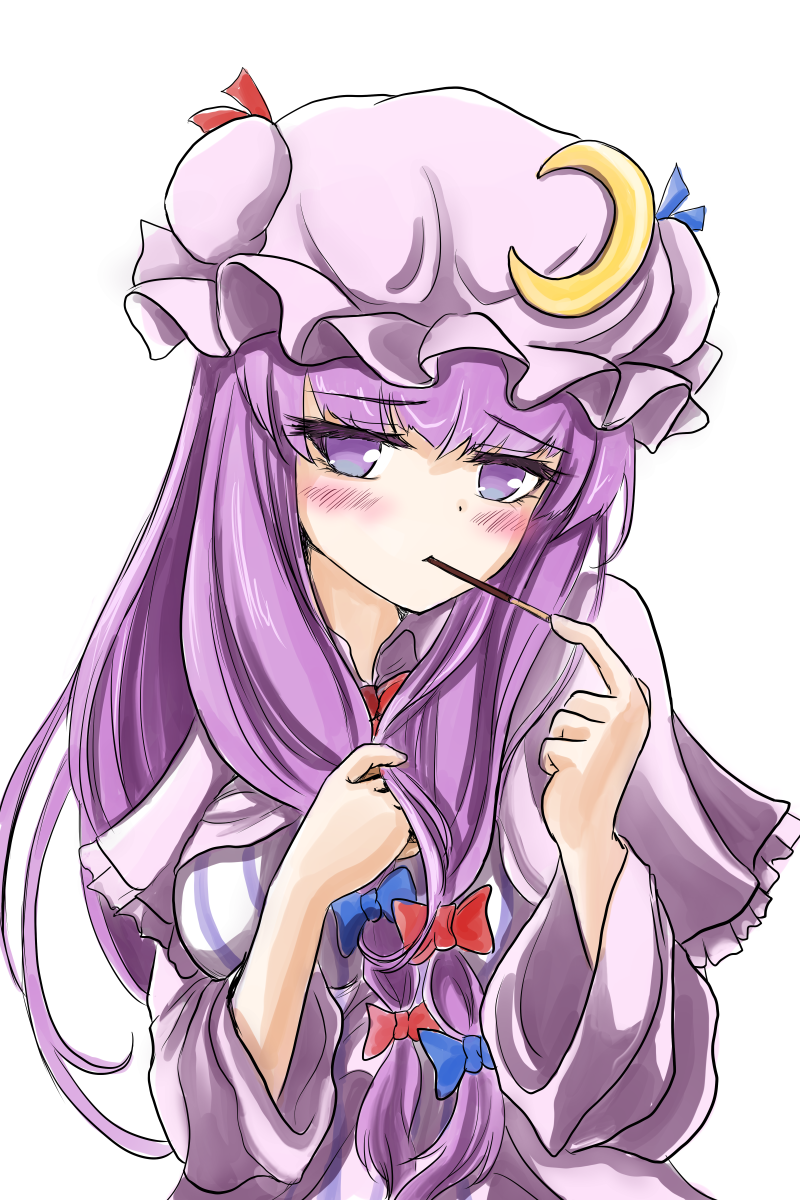 blue_bow blue_ribbon blush bow breasts capelet crescent crescent_moon_pin eating eyebrows_visible_through_hair food food_in_mouth hair_bow hat hat_ribbon highres long_hair looking_at_viewer medium_breasts namiki_(remiter00) patchouli_knowledge pocky pocky_day purple_eyes purple_hair red_bow red_ribbon ribbon simple_background solo touhou upper_body very_long_hair white_background wide_sleeves