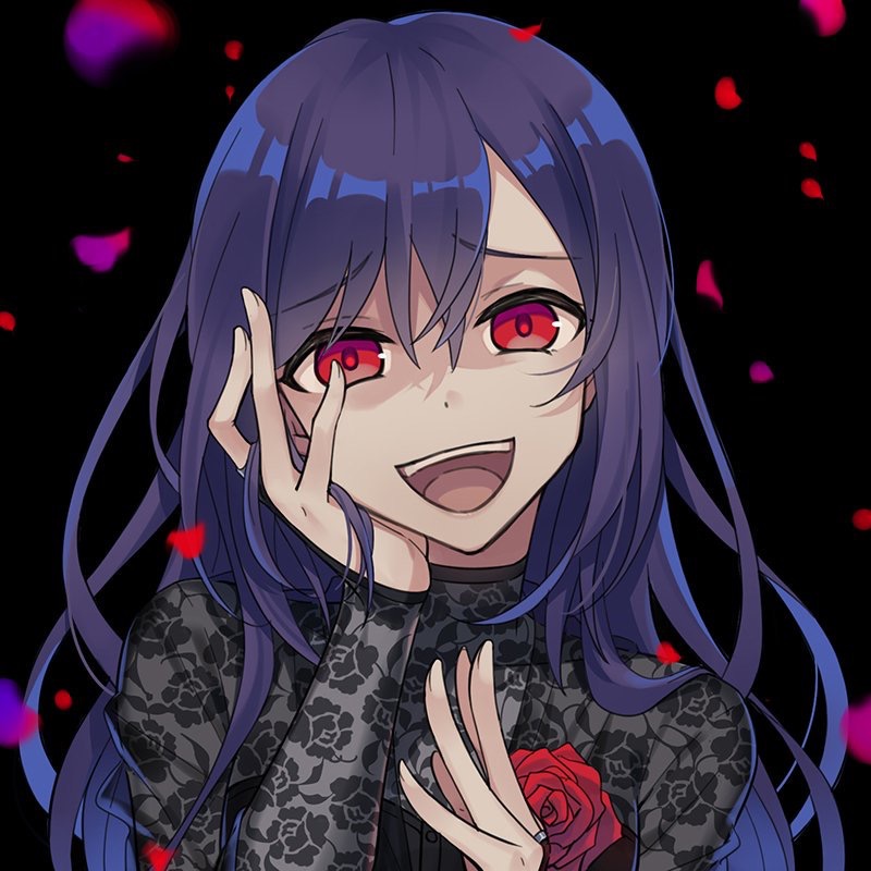 bang_dream! black_background blue_hair corsage crazy_smile flower hair_between_eyes hair_down hand_in_hair hand_on_own_cheek lace long_hair looking_at_viewer mujun_atama petals red_eyes red_flower red_rose rose seta_kaoru solo upper_body