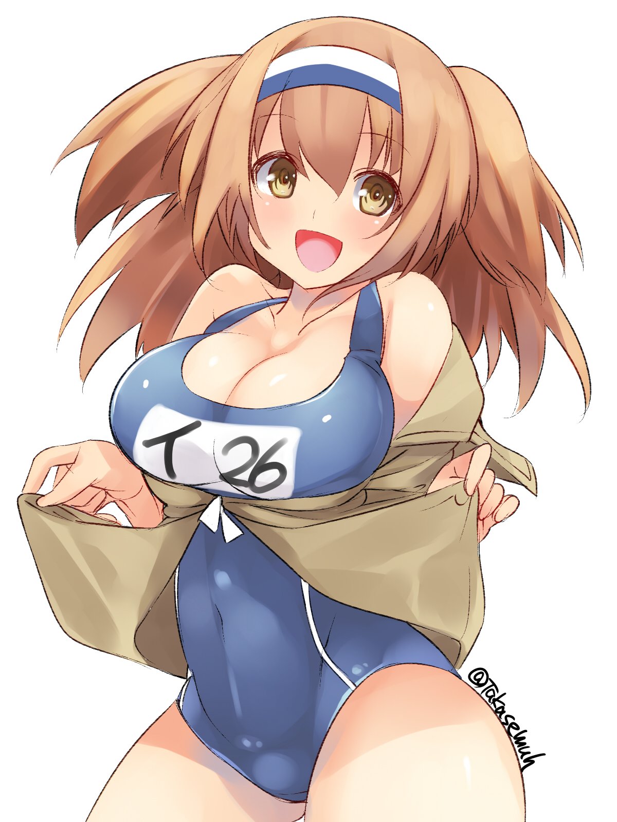 :d breasts clothes_writing collarbone commentary_request covered_navel eyebrows_visible_through_hair hairband highres i-26_(kantai_collection) jacket_lift kantai_collection large_breasts light_brown_eyes light_brown_hair long_hair name_tag new_school_swimsuit one-piece_swimsuit open_clothes open_mouth sailor_collar school_swimsuit short_sleeves smile swimsuit swimsuit_under_clothes takase_muu twitter_username two-tone_hairband two_side_up white_background