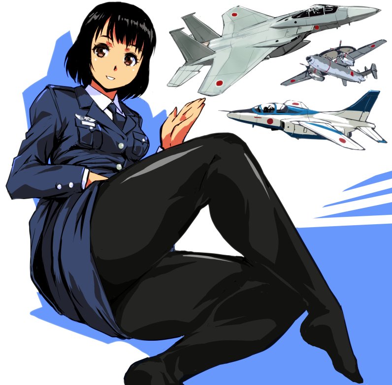 aircraft airplane black_hair black_legwear blue_jacket blue_neckwear blue_skirt brown_eyes commentary_request double-breasted hand_up jacket knee_up long_sleeves looking_at_viewer lying military military_uniform necktie on_side original panties panties_under_pantyhose pantyhose pencil_skirt shirt short_hair simple_background skirt thighs underwear uniform white_shirt yuya