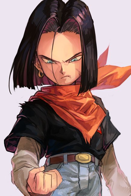android_17 belt black_hair blue_eyes clenched_hand denim dragon_ball dragon_ball_z earrings grey_background hankuri jewelry long_sleeves male_focus scar scarf serious simple_background